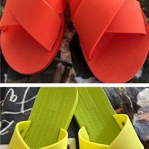 Two Pair of Melissa Red and Lime Slide Sandals with Minimalist Design